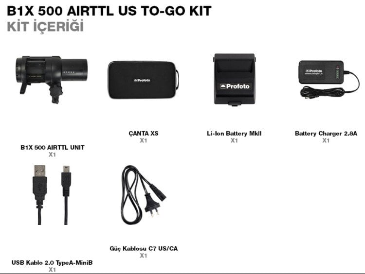 Profoto B1X 500 AirTTL To-Go Kit İçeriği