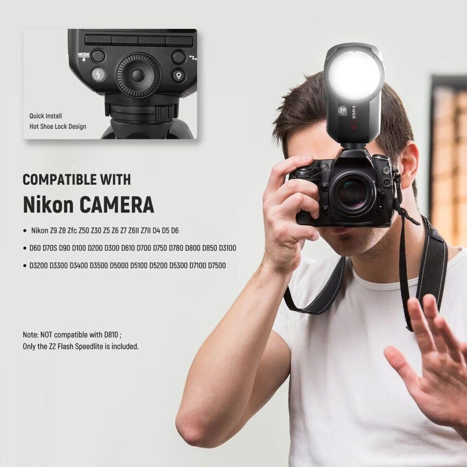 Neewer Z2PRO-N Nikon Uyumlu 76W Yuvarlak Kafa Akülü Tepe Flaşı