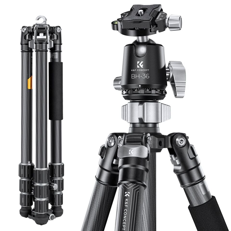 K&F Concept 172cm X Serisi Karbon Fiber Kamera Tripodu (36mm Metal Ball Head, Arca-Swiss, 16kg Taşıma) (X284C4+BH-36)