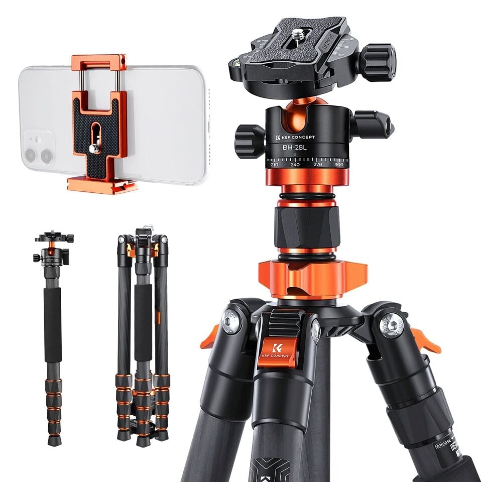 K&F Concept 172cm Karbon Fiber Seyahat Tripodu ve Telefon Tutucu (10kg Taşıma, 360° Ball Head) (D255C4+BH-28L)