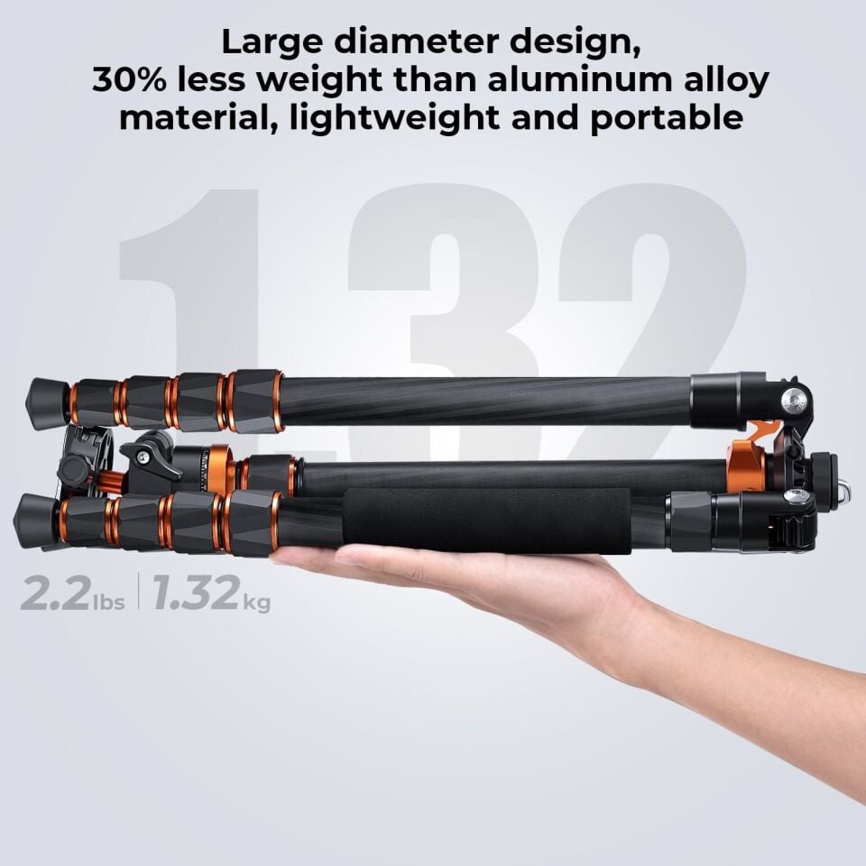 K&F Concept 172cm Karbon Fiber Seyahat Tripodu ve Telefon Tutucu (10kg Taşıma, 360° Ball Head) (D255C4+BH-28L)