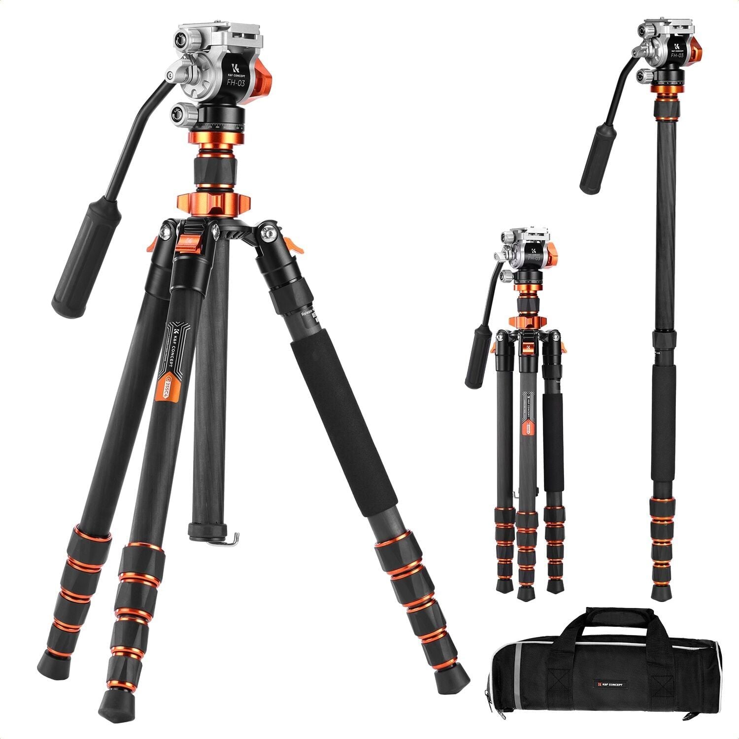 K&F Concept 170cm Omni Serisi Hidrolik Başlık Karbon Fiber Video Tripodu (Monopod Dönüşümlü) (O255C4+FH-03)
