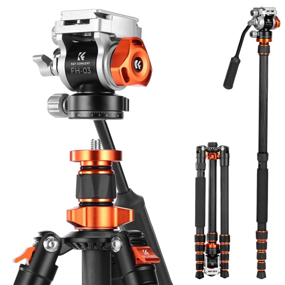 K&F Concept 170cm Omni Serisi Hidrolik Başlık Karbon Fiber Video Tripodu (Monopod Dönüşümlü) (O255C4+FH-03)