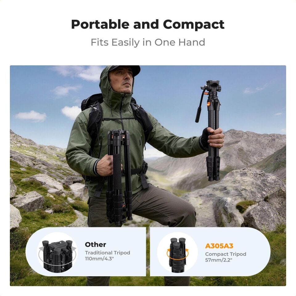 K&F Concept 185cm Fluid Kafa Başlık Alüminyum Tripod (A305A3+FH-04)