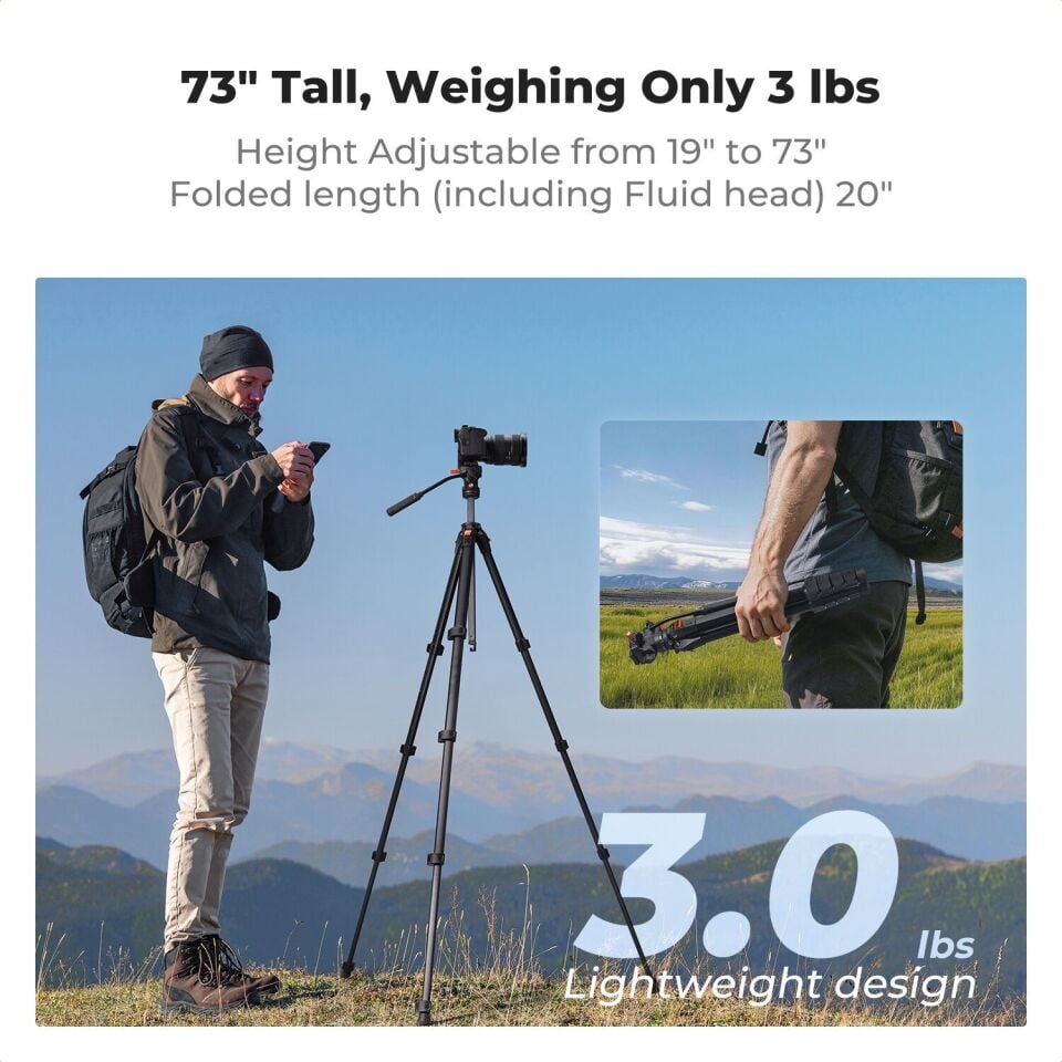 K&F Concept 185cm Fluid Kafa Başlık Alüminyum Tripod (A305A3+FH-04)