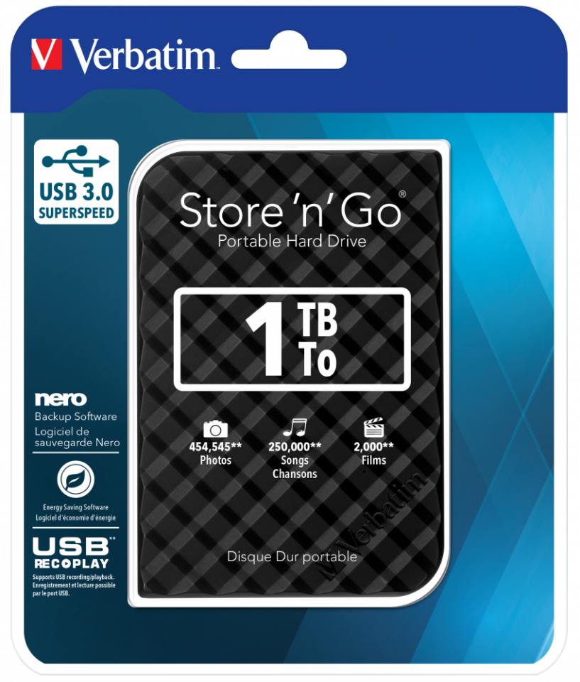 VERBATIM 53194 - 1TB USB 3.0 BLACK PORTABLE HARD