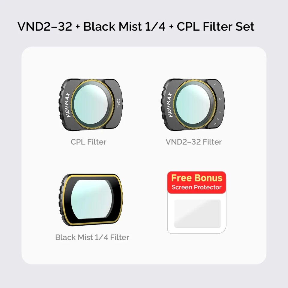 Movmax VND2-32 + Black Mist 1/4 + CPL Filter Set For DJI Pocket 3