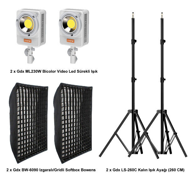 Gdx ML230W Bicolor Video ve Fotoğraf 60x90 Gridli Softbox İkili Sürekli Işık Seti