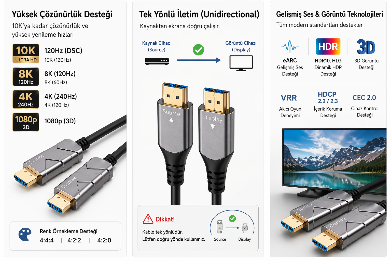 S-IMPULS 10K Fiber Optik HDMI Kablo , HDMI 2.1, 48Gbps, 8K 120Hz, 4K 240Hz, eARC, VRR, AOC Aktif Optik HDMI Kablo (Source → Display)
