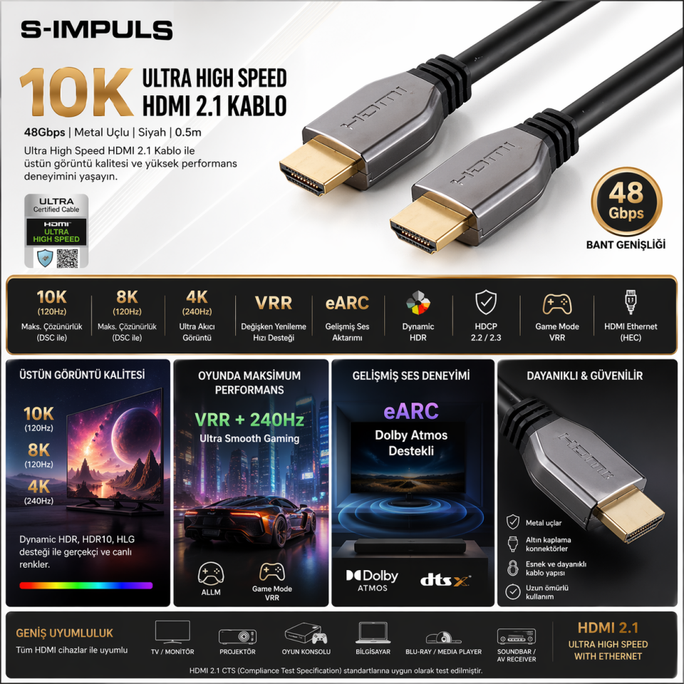 S-IMPULS 10K Ultra High Speed HDMI 2.1 Kablo – 48Gbps, eARC, HDR, VRR, Metal Konnektör