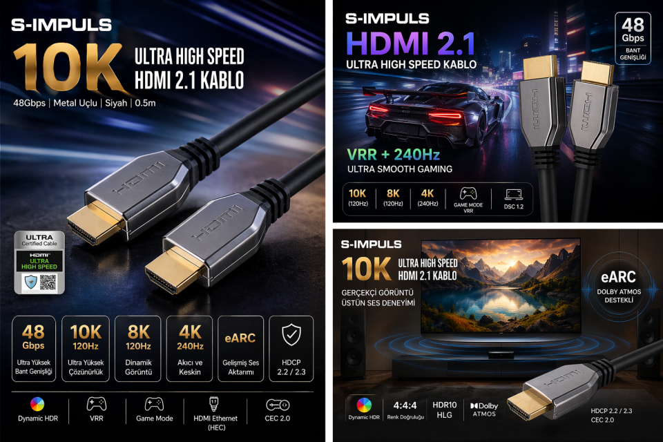 S-IMPULS 10K Ultra High Speed HDMI 2.1 Kablo – 48Gbps, eARC, HDR, VRR, Metal Konnektör