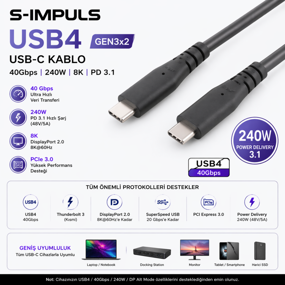 S-IMPULS USB-C USB4 Gen 3x2 Kablo 240W – 40Gbps, PD 3.1, 8K Video Destekli, Thunderbolt 3/4 Uyumlu
