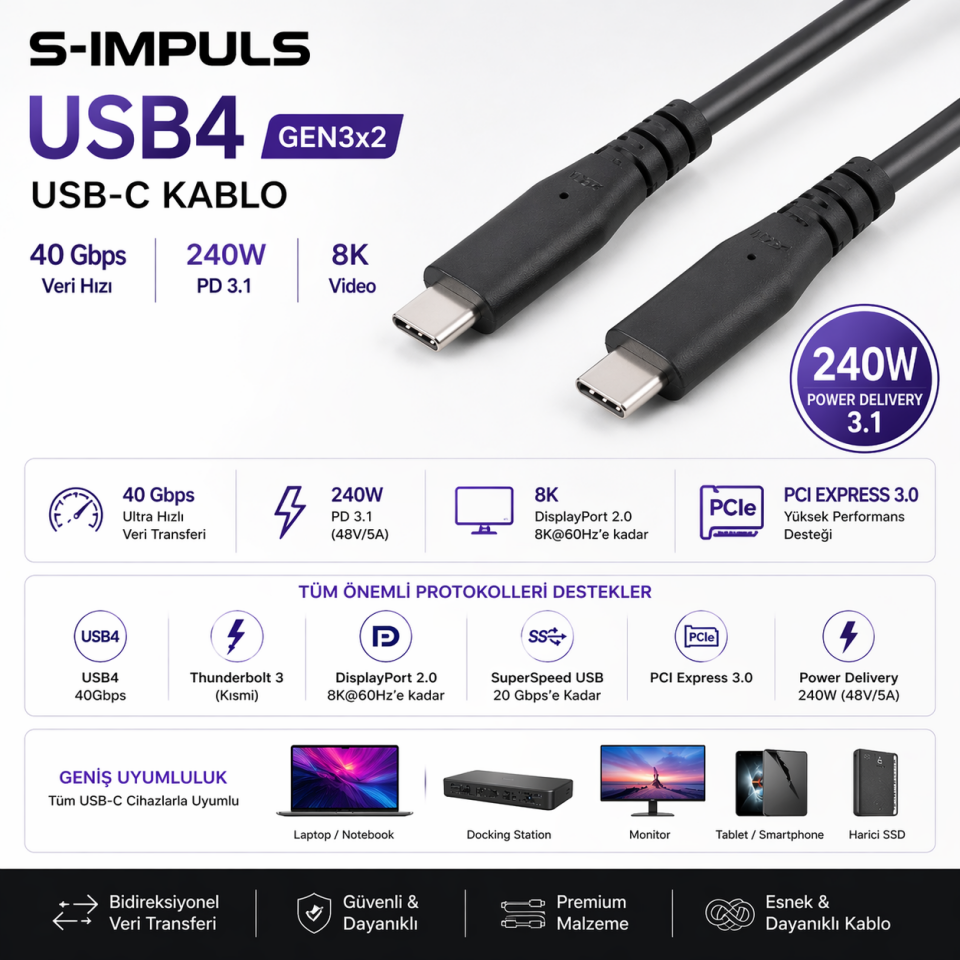 S-IMPULS USB-C USB4 Gen 3x2 Kablo 240W – 40Gbps, PD 3.1, 8K Video Destekli, Thunderbolt 3/4 Uyumlu