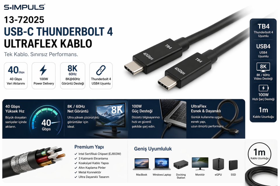 S-IMPULS USB-C Thunderbolt 4 UltraFlex Kablo – 40Gbps, 100W PD, 8K Video, USB4 Uyumlu