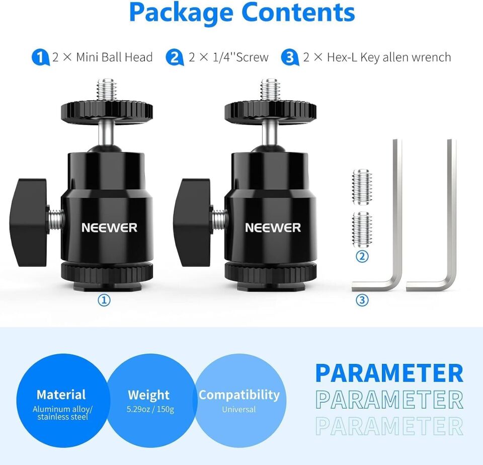 NEEWER ST17 1/4'' Kamera Hot Shoe Adaptörü (Mini Bilyeli Başlık) - 2'li Paket