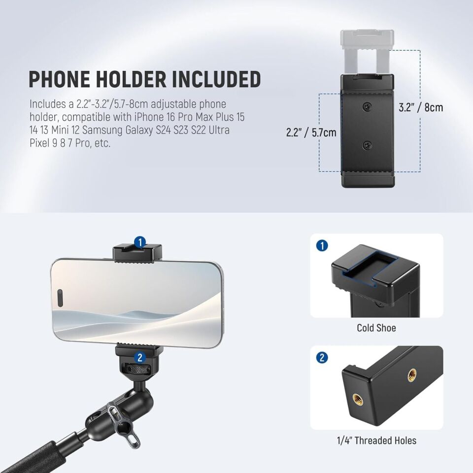 NEEWER UA057 22'' (55 cm) Mafsallı Magic Arm Süper Kelepçe ve Telefon Tutucu Kiti