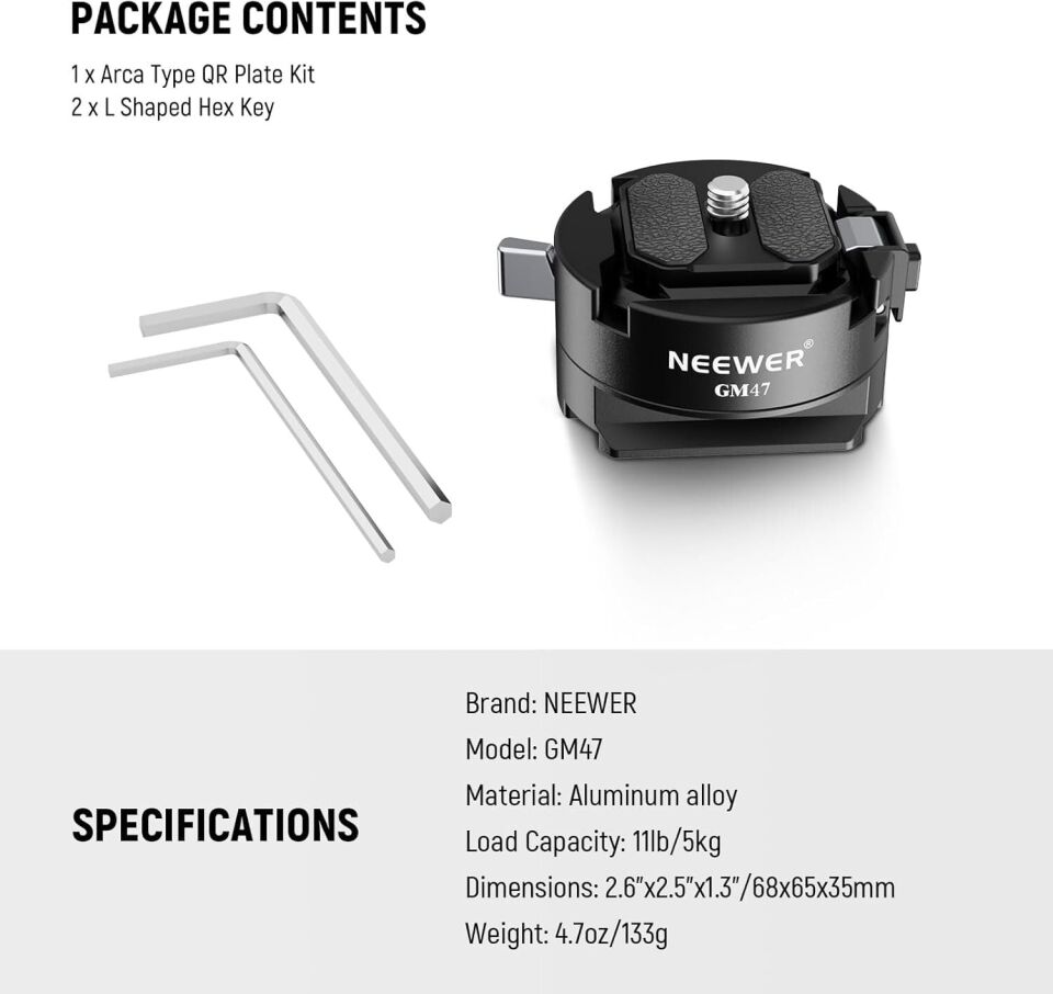 NEEWER GM47 Kamera Quick Release Plate Kiti (Ronin RS & PD Capture Uyumlu, Otomatik Kilit)