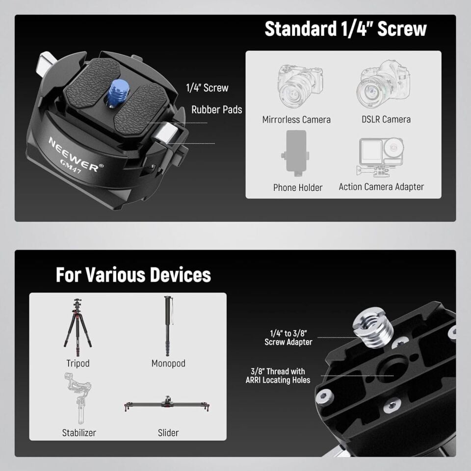 NEEWER GM47 Kamera Quick Release Plate Kiti (Ronin RS & PD Capture Uyumlu, Otomatik Kilit)