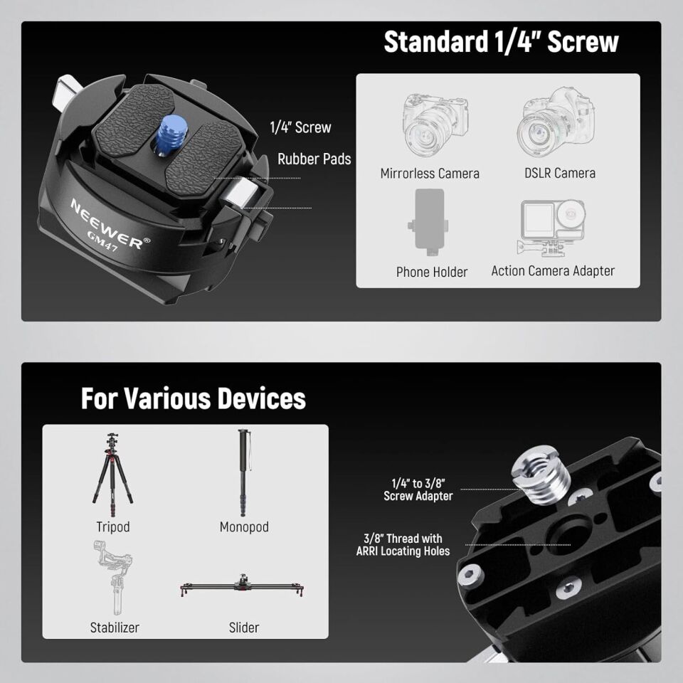 NEEWER GM47 Kamera Quick Release Plate Kiti (Ronin RS & PD Capture Uyumlu, Otomatik Kilit)