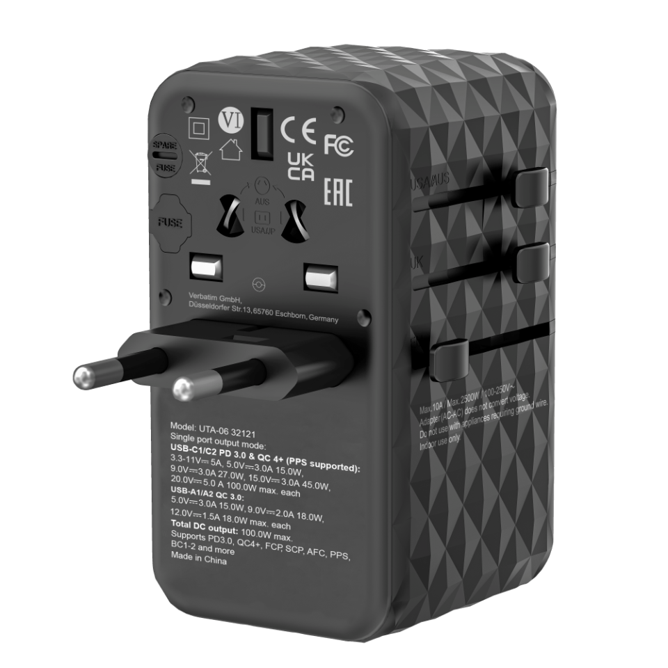 VERBATIM 32121 - GaN III Evrensel Seyahat Adaptörü UTA-06 100W
