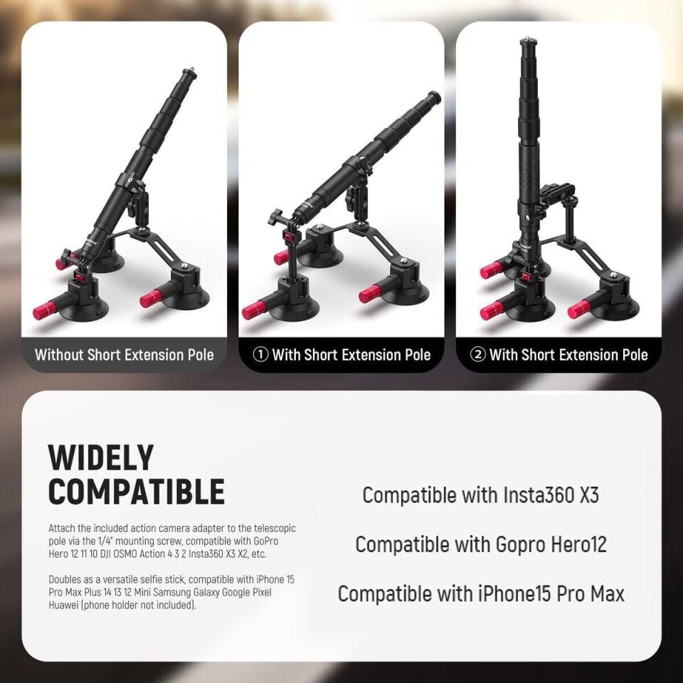 Neewer CA065 3 Vantuzlu Aksiyon Kamera Tutucu & Uzatma Kolu 110cm