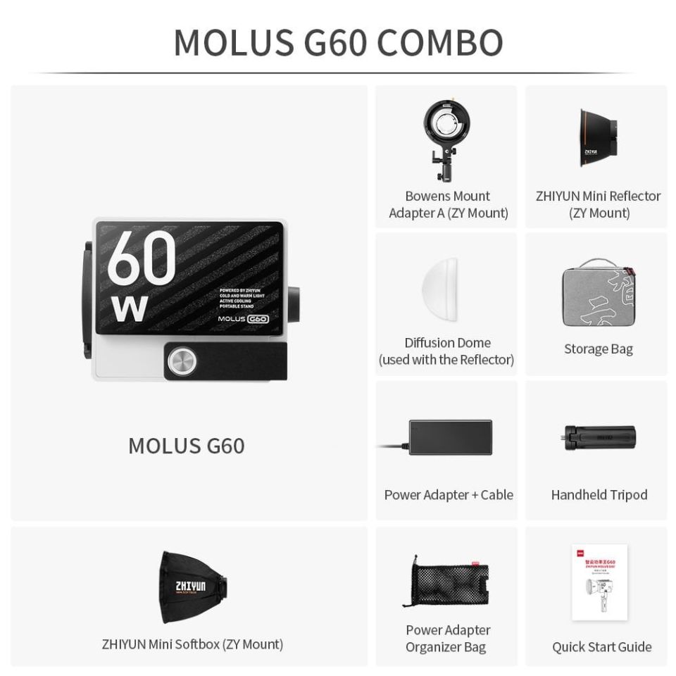 Zhiyun MOLUS G60 Bi-Color Mini/Pocket COB Monolight / Combo