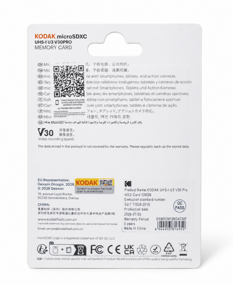 Kodak 128GB UHS-I U3 A1 V30 PRO Micro SD Hafıza Kartı