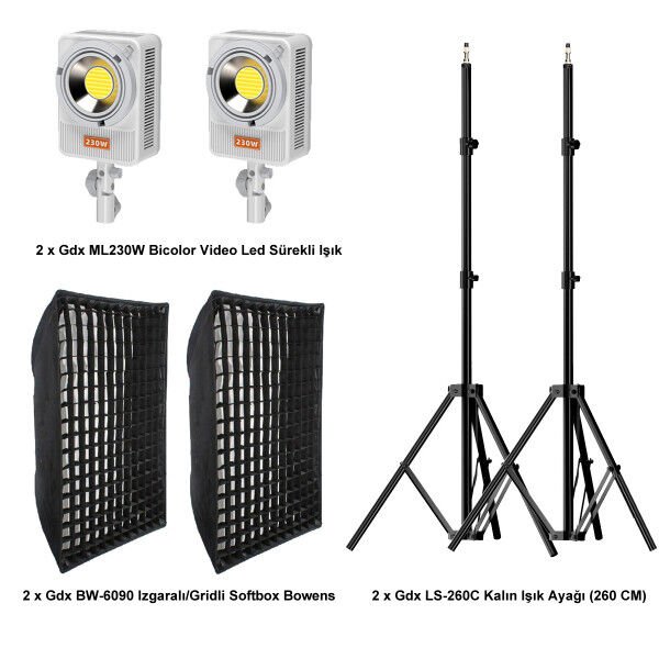 Gdx XL-Kit 2 COB LED Youtube Sürekli Video ve Fotoğraf Işık İkili Set + Gdx BW-6090 Gridli Softbox